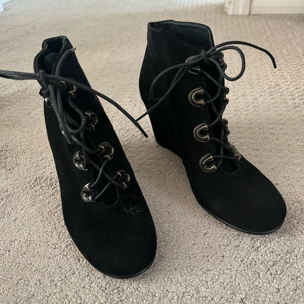 Stuart Weitzman black suede lace up wedge booties.  New without tags.